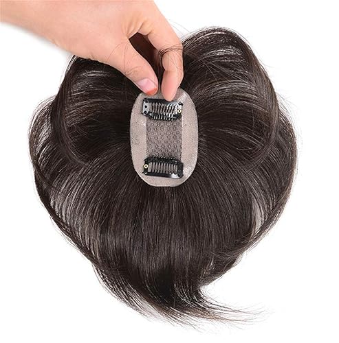 Toppers de cabello humano para mujeres con cabello adelgazante, clips en 2.0 x 3.0in, base de seda, 6.3in, color marrón oscuro