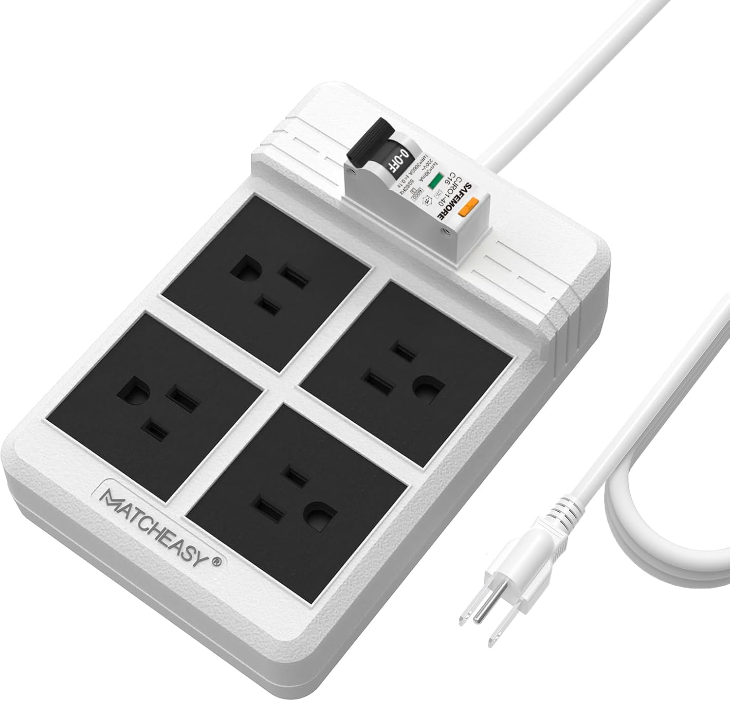 GFCI Power Strip with 4 Outlets, 6.56 FT Heavy Duty Extension Cord(1875W/15A) with 30mA RCBO Circuit Breaker for Home/Factory Production Workshop/Garage/Indoor - White