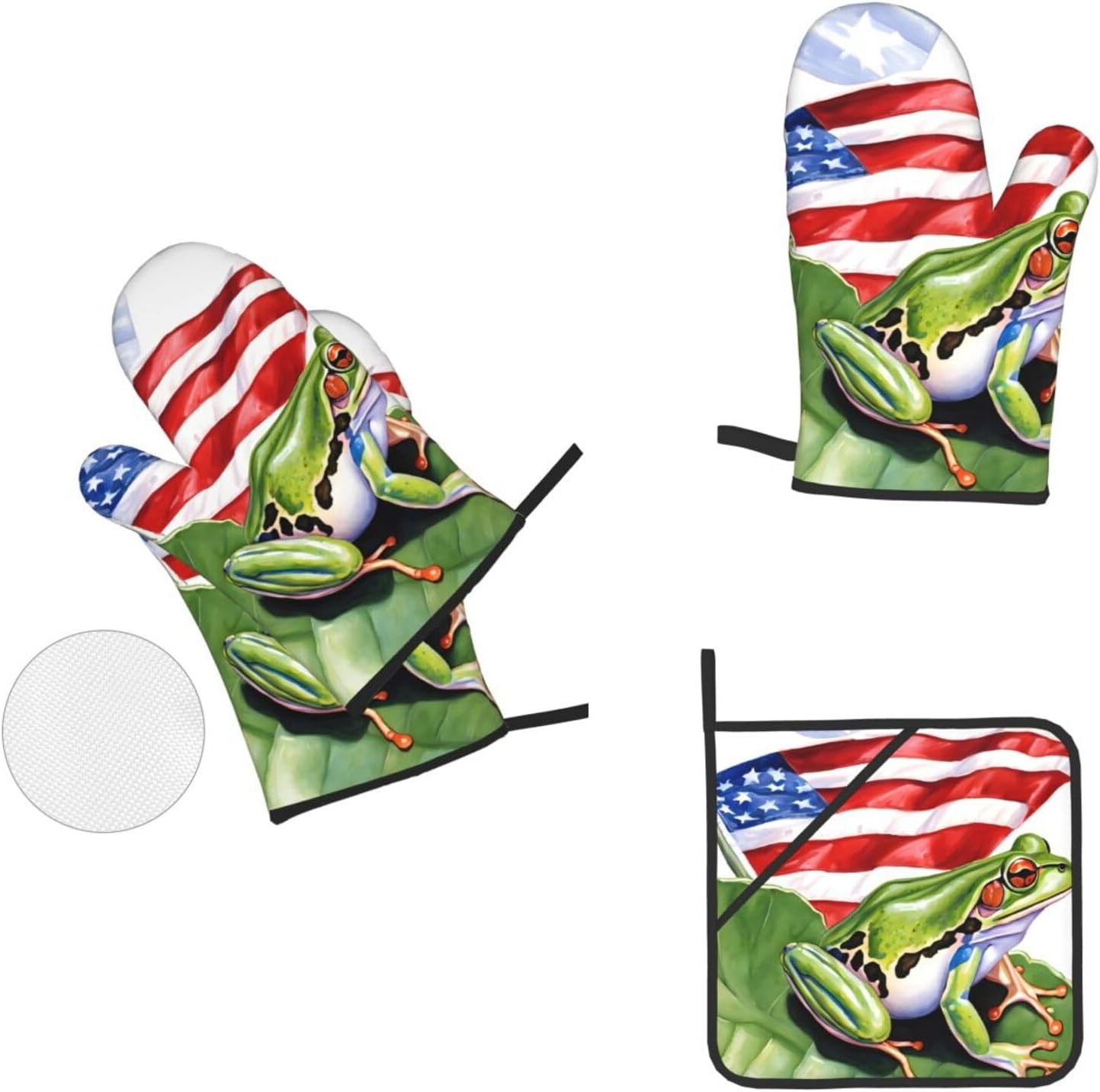 (Puerto Rico Flag Frog Palm Trees) Baking 4-Piece Set: 2 Oven Mitts and 2 Pot Holders Heat Resistant Waterproof Hanging Loop for Kitchen Oven Grill Housewarming Gifts