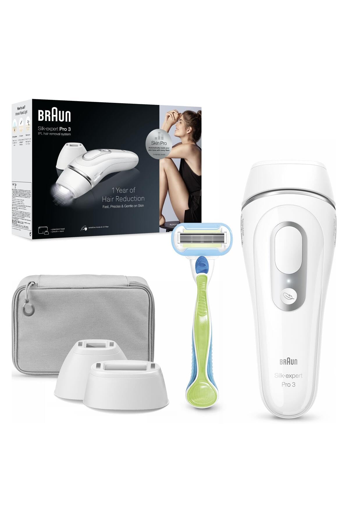 Braun Silk·expert Pro 3 PL3122 - Depiladora con pulsos de luz, depilación semidefinitiva, alternativa al láser, bolsa, maquinilla de afeitar Venus, 2 cabezales, color blanco/plateado