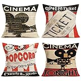 Xihomeli Set of 4 Movie Theater Cinema Element Personalized Home Decor Design Square Throw Pillow Cover Pillow Case 18 x 18 Inch Cotton Linen Pillow Cover for Sofa Couch (4 Pack Movie)