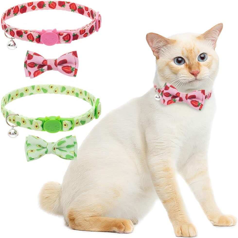 Bowtie Cat Collar Breakaway - 2 Packs Soft Adjustable Kitten Collars with Bells Cute Fruit Pattern