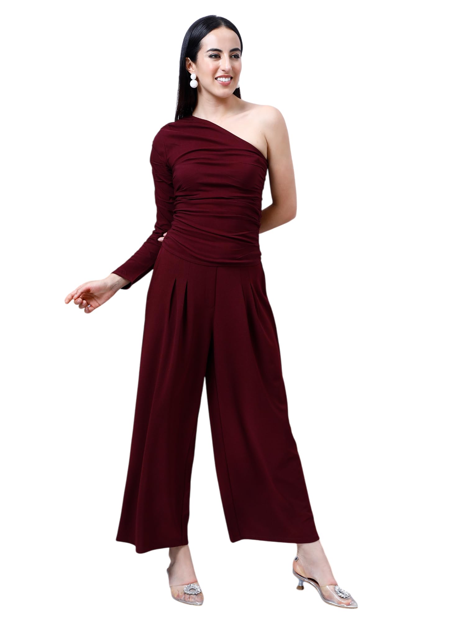 athena lifestyle Women and Girls Burgundy Solid Ruched Top with Trouser Co-Ord-picture-4