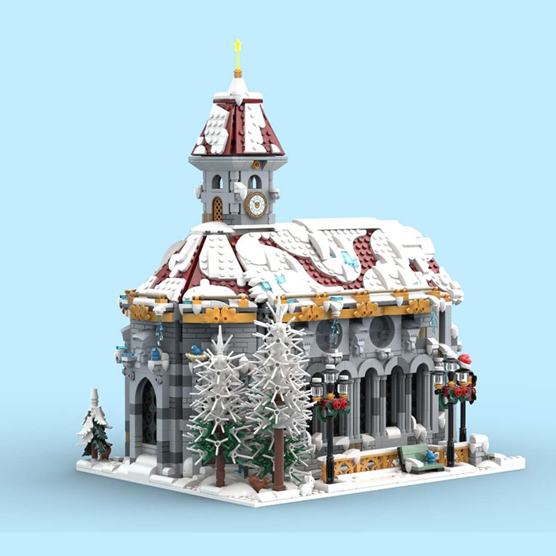 Winterdorf Kathedrale Architektur Bausteine mit verschneiten roten Dach, Uhrenturm, Weihnachten Modulares Haus Bau Gebäude Geschenke für Erwachsene zum Bauen, 3987 Teile Modulare Gebäude MOC-23856
