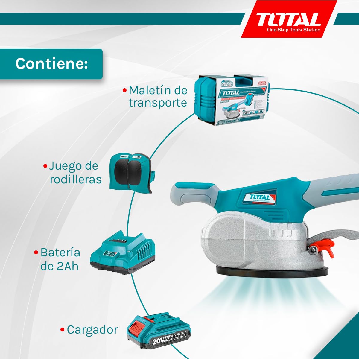 TOTAL - Ventosa Vibradora para Azulejos - Maquina para Instalación de Baldosas - 10000 rpm - Diámetro de 125mm - Batería Cargador y Rodilleras - Succión 50kg