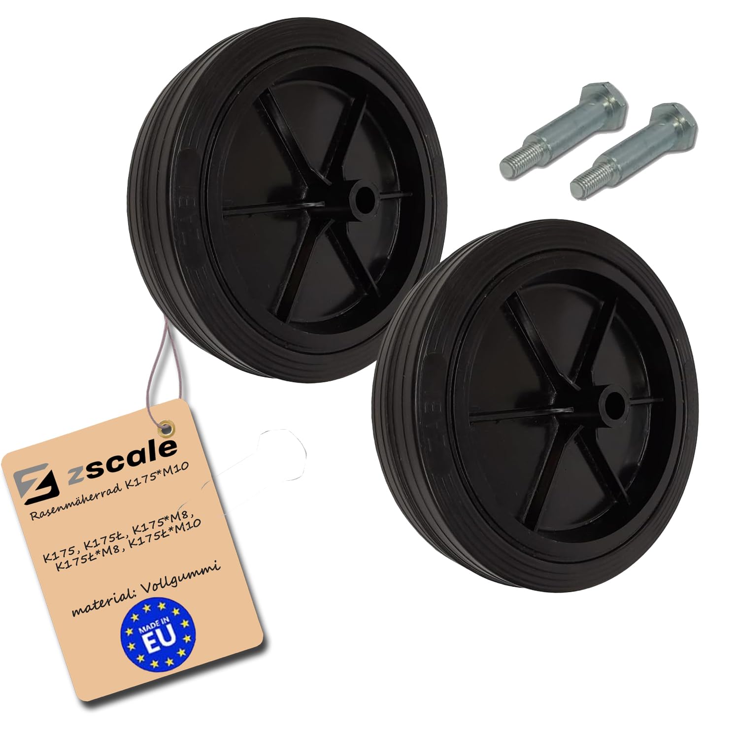 Rasenmäherrad Ø175 mm – schwarzes Ersatzrad aus Vollgummi, robustes Kunststoffrad für Rasenmäher, mit Montage-Set, Code: K175*M10