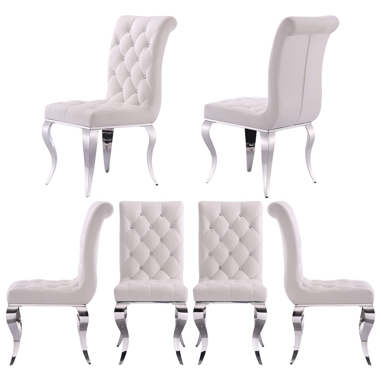 Anewsun Dining Chairs Set of 6, White Velvet Upholstered Dining Room Chairs with Crystal Decor Button Tufted and Silver Mirrored Cabriole Legs