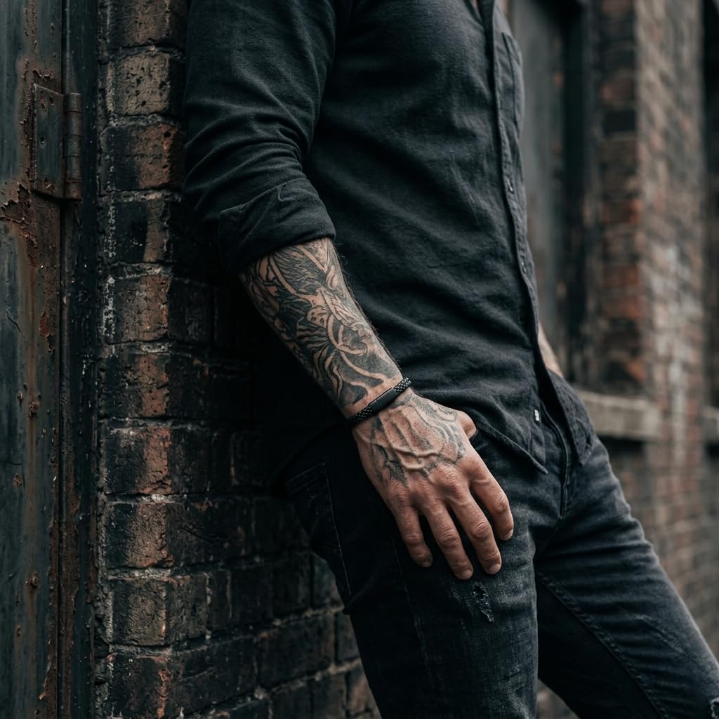 Forge & Foundry Men's Genuine Interwoven Leather Braided Bracelet with Matte Black Custom Engraved Stainless Steel Clasp | “Hanover” | Artist Collaboration Design