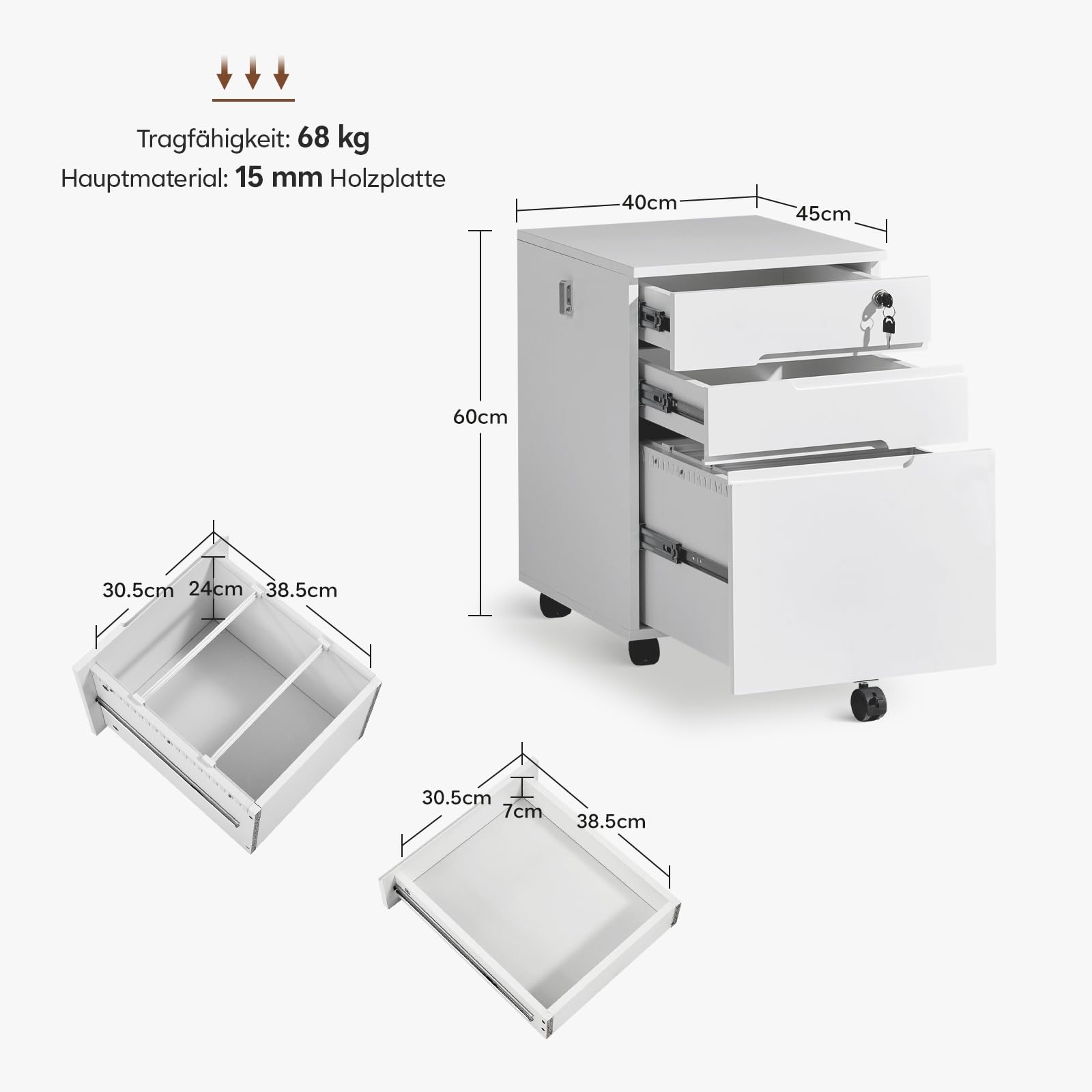 TUKAILAI Rollcontainer abschließbar, Weiß, 40cm | 3 Schubladen, Mobiler Aktenschrank Holz, Auf Rollen und Haken, Für Akten Dokumente, Unterschrank Schreibtisch