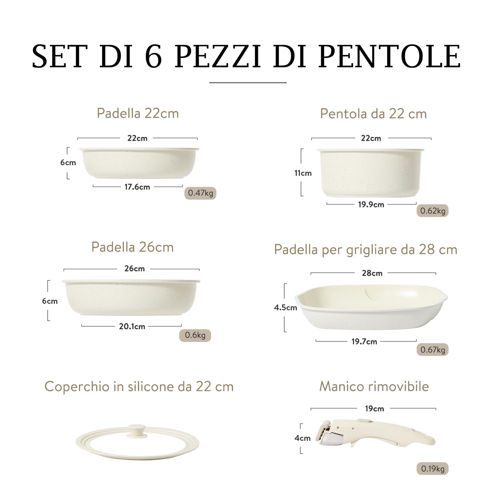 CAROTE Set di Padelle con manici amovibili 6 Pezzi,Set Padelle Antiaderenti,Padella 22/26cm,Casseruola 22cm con Coperchi,Grill Bistecchiera 26cm,impilabile,salvaspazio per Induzione,Gas e Forno