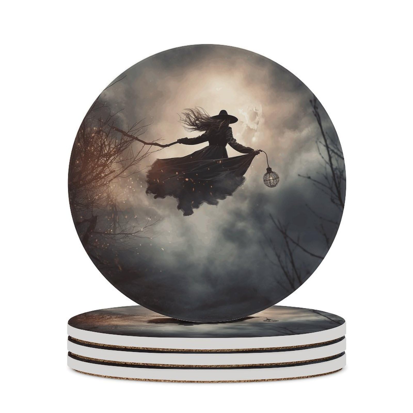 Coasters for Drinks Set of 6 Absorbent Drink Coasters Witch Flight Round Ceramic Table Coasters Cup Mat for Decorative Coffee Cup Wine Beer