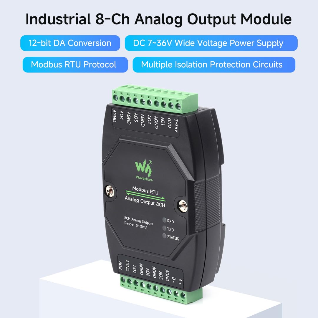 Waveshare Industrial 8-Ch Analog Output Module, 12-Bit DA Conversion, Supports 8-Ch Simultaneous Current Output, DC 7~36V Wide Voltage Power Supply, Modbus RTU Protocol, Rail-Mount Support