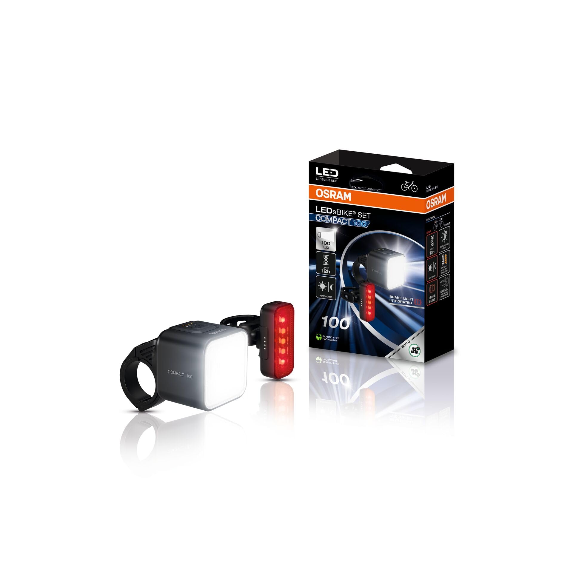 OSRAM LEDsBIKE COMPACT 100 Set, wiederaufladbares Fahrradlicht-Set – Vorder- und Rücklicht, mit Bremslicht, StVZO-geprüft, Garmin-kompatible Halterun, DREI Beleuchtungsmodi, 100 Lux