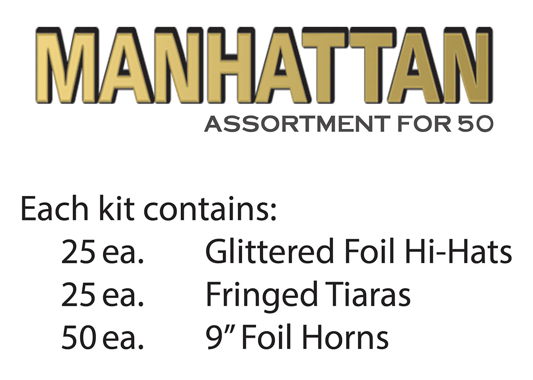 Beistle 88258-50 Manhattan Sortiment für 50 Personen Silvester Party Supplies Photo Booth Requisiten - Hüte, Tiaras, Noisemakers, Papier, schwarz/Gold