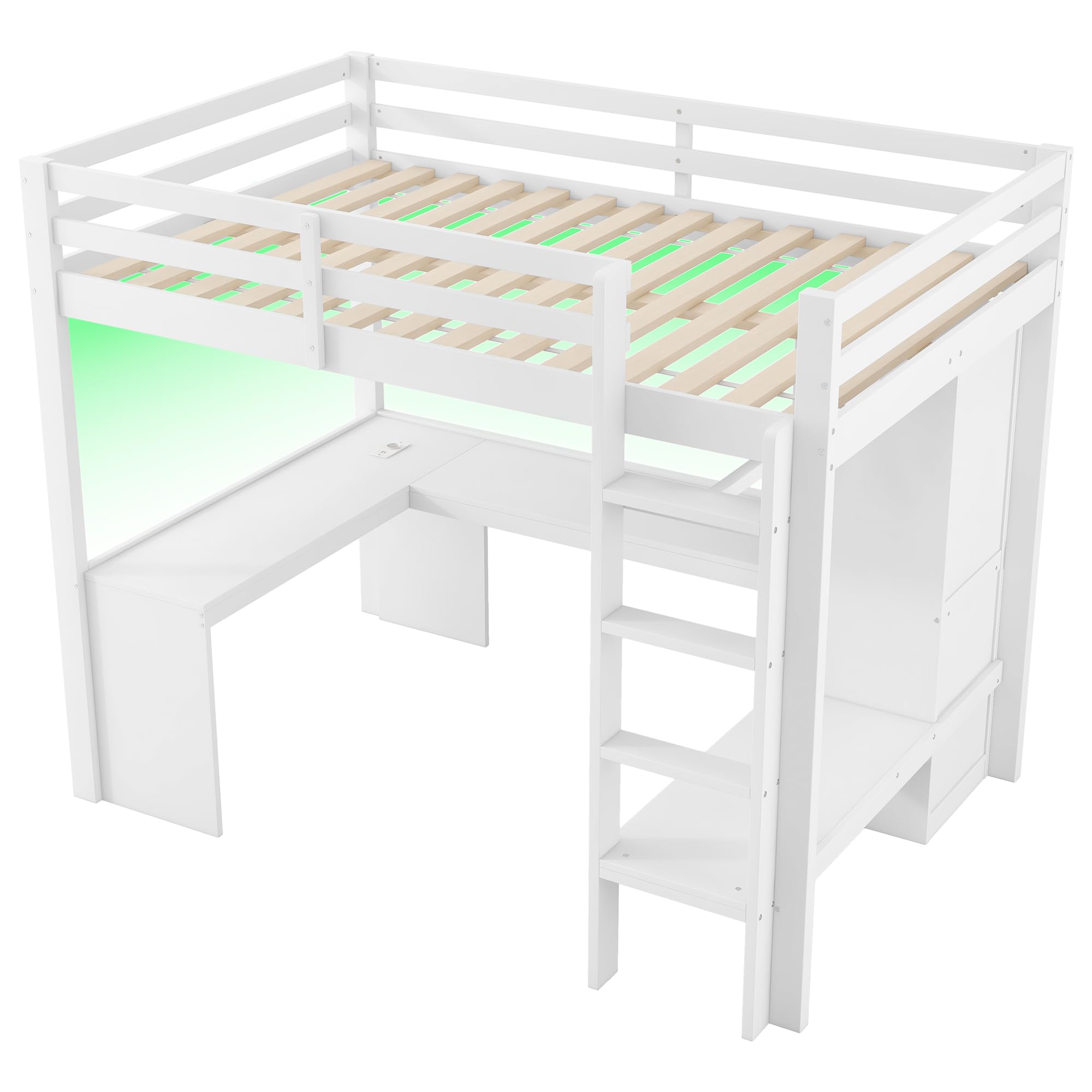 Moimhear Letto a soppalco con mensole multifunzione, scrivania sotto il letto, luce LED e USB, senza materasso, 140 x 200 cm (bianco)