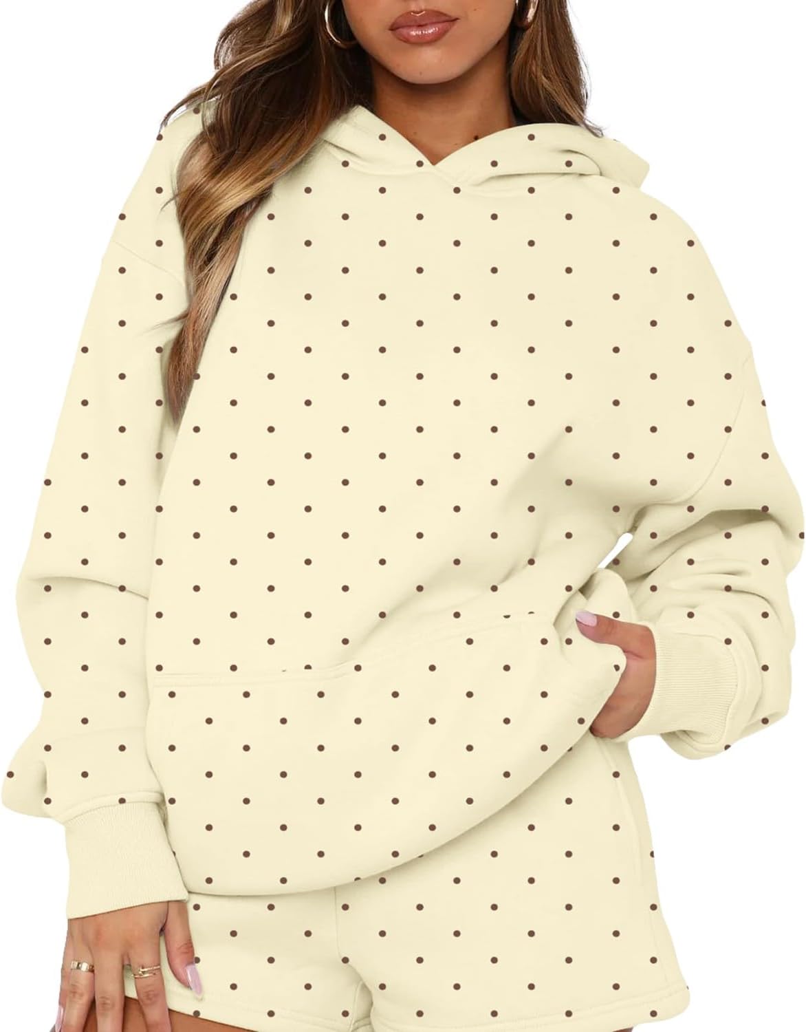 BAIGRAM Women Polka Dot Oversized Fleece Hoodies Sweatshirt-Drop Shoulder Loose Fit Y2K Aesthetic Hooded Pullover Fall Outfit