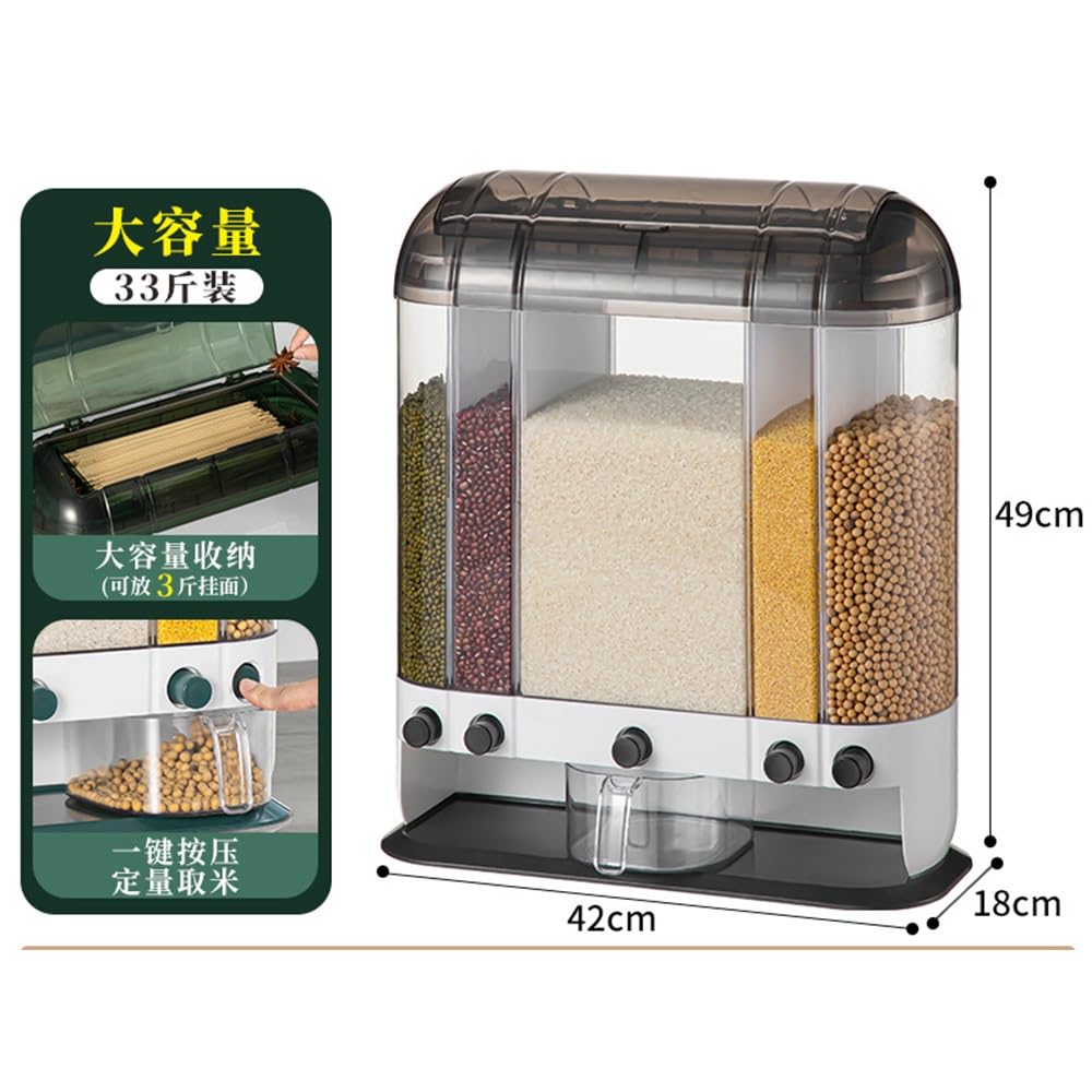 Dispensador de alimentos secos, dispensador de arroz de granos, dispensador de cereales de 5 rejillas con deflector extraíble de doble capa para organización de despensa y almacenamiento de cocina