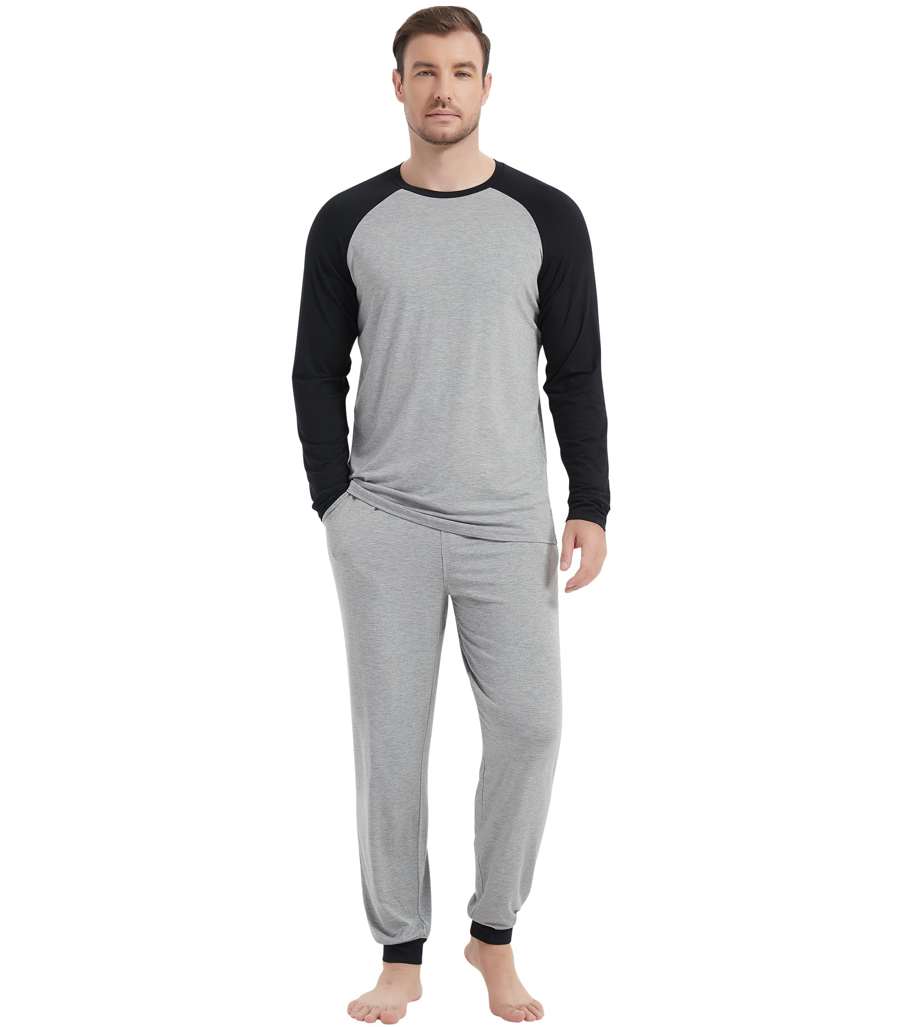 NACHILA Pajamas for Men-Viscose Made from Bamboo, Long Sleeve Pajamas Set Comfy Sleepwear Pants Soft V Neck Pjs with Pockets