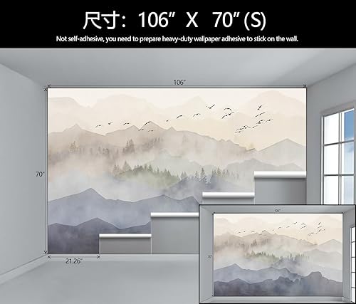 Miniatura 4 de Papel tapiz con diseño de montaña del bosque brumoso, papel tapiz de paisaje natural para sala de estar y dormitorio (no se puede despegar ni pegar)