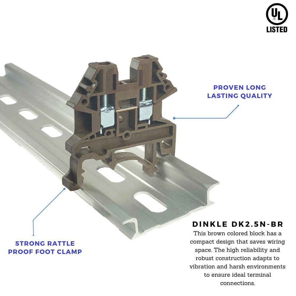 Dinkle Brown DK2.5N-BR Morsettiera per guida DIN tipo UL 600V 20A 12-22AWG, confezione da 100 pezzi