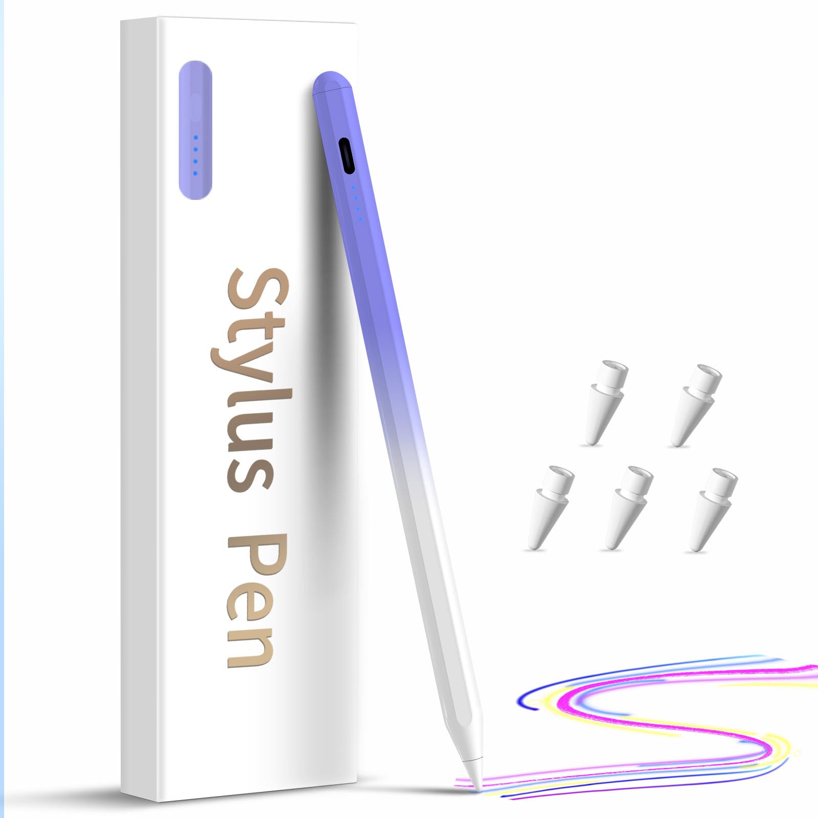 Eingabestift für iPad (2018–2025), Schnellladung mit Neigungsempfindlichkeit und Handflächenunterdrückung, iPad Pro 11 Zoll / 12,9 Zoll, iPad Mini 5/6, iPad Air 3/4/5, 6/7/8/9/10 (Weiß Lila)