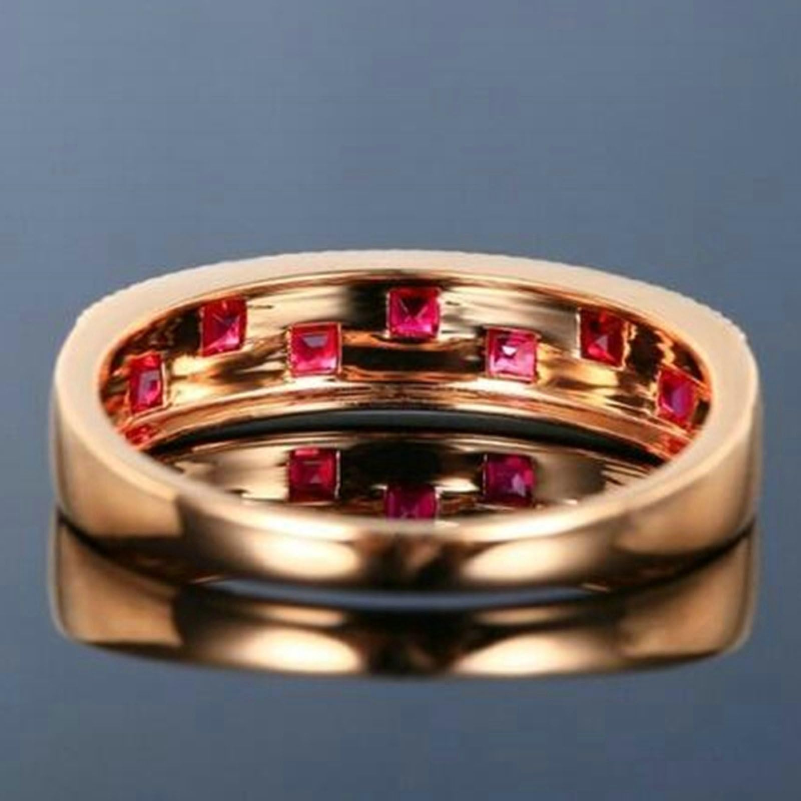 Pierścionki z różowego złota 14K dla kobiet, pierścionek zaręczynowy elegancki czerwony rząd rubinowy syntetyczny 0,37ct i moissanit pierścionek dla dziewczyny, panny młodej różowe złoto
