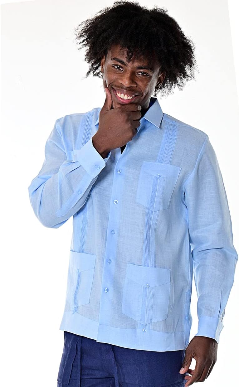 Mens Guayabera Long Sleeve Shirt for Men 100% Linen Traditional 4-Pocket Mexican Chacabana-MLS501