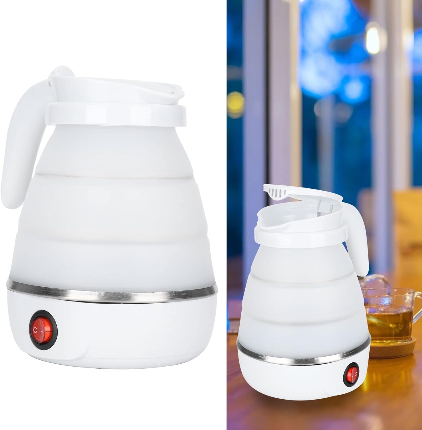 Small Electric Kettle Travel Kettle Foldable Portable Kettle Folding Water Boiler, Silicone Collapsible Heating Water Boiler Tea Pot for Camping 400W US Plug 110V(White)