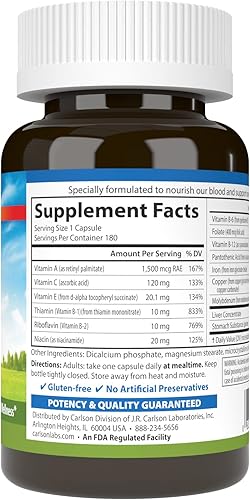Miniatura 2 de Carlson - Nutrientes en la sangre, 28 mg de hierro, desarrollo sanguíneo, absorción de hierro y bienestar óptimo, 180 cápsulas