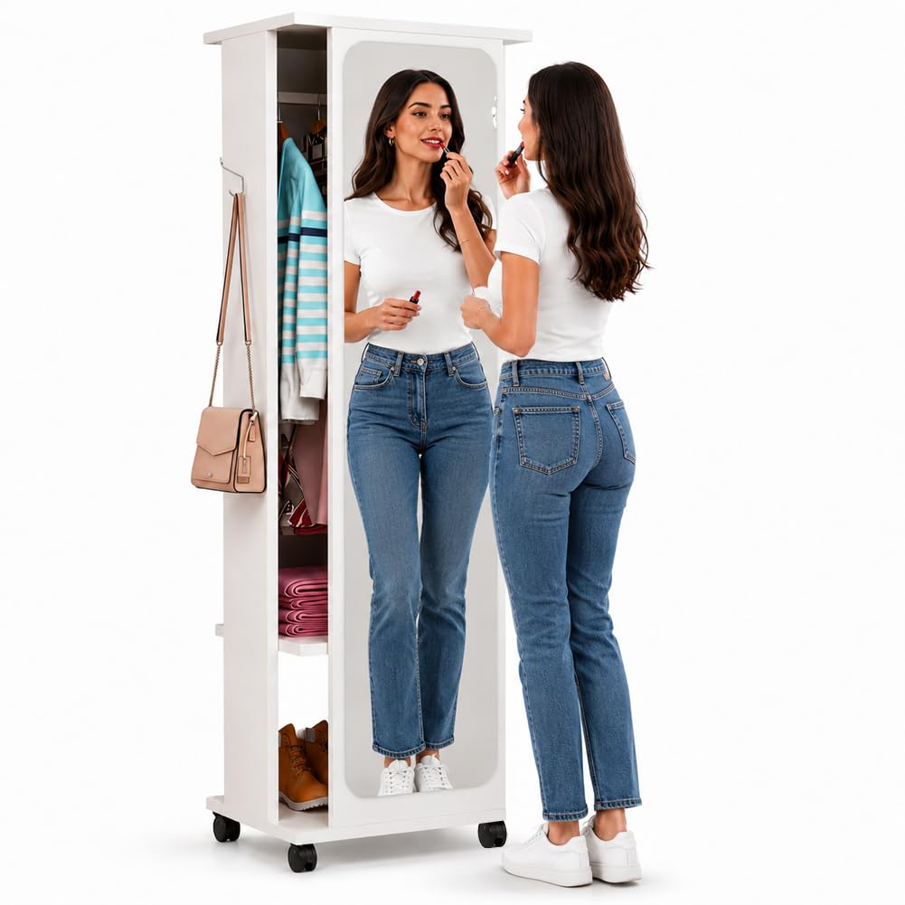 Shally Dogan Guardaroba Girevole con Specchio e 4 Ruote, Armadio Appendiabiti Salvaspazio per Casa, Ufficio, Camera da Letto, Monolocale, Organizer per Vestiti in Legno Robusto Bianco 54 x 40 x 170 cm