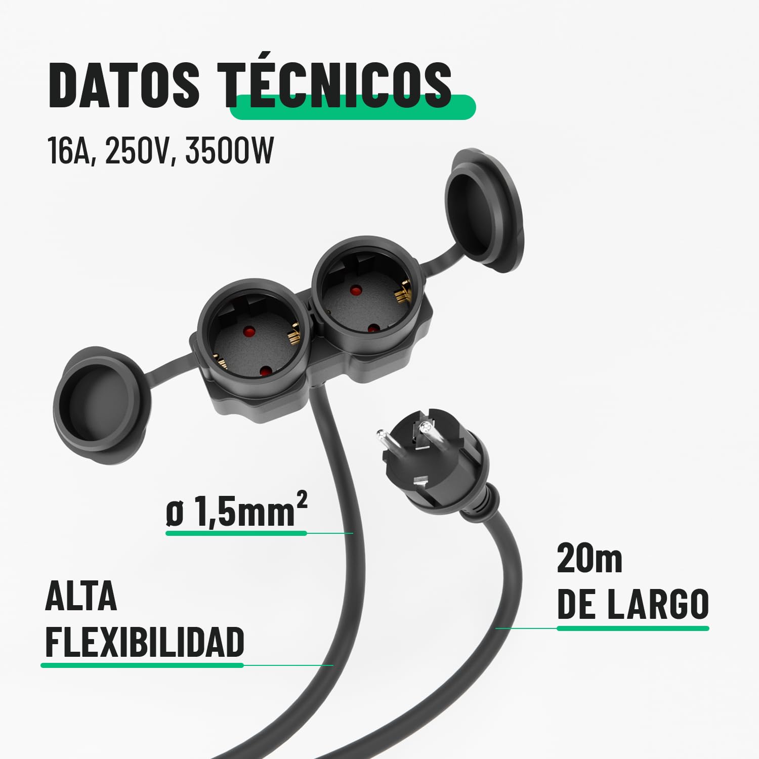 greate alargador electrico 20 Metros de 2 Tomas - Alargadera Impermeable IP44 para Áreas Exteriores - Cable electrico 3500W - Extension Lead, alargador Enchufe, alargo Enchufe, alargadores enchufes