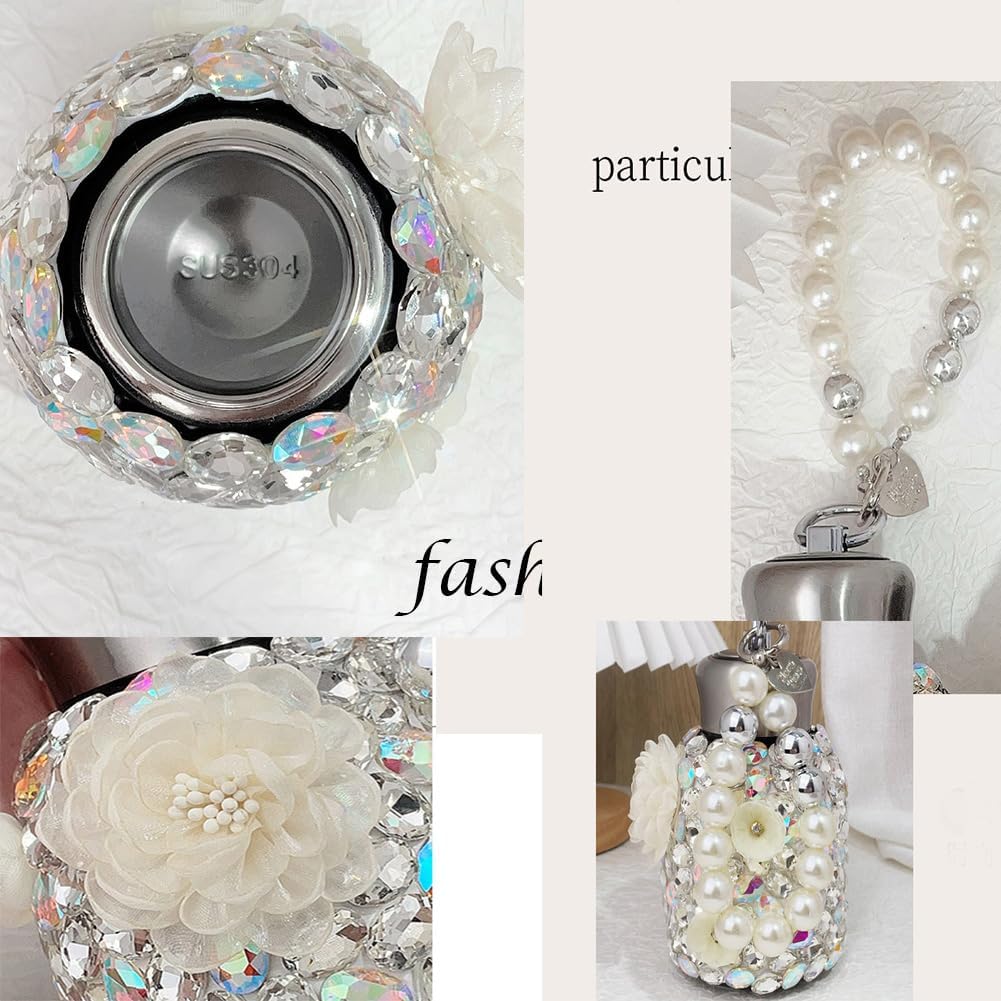Bling Insulated Water Bottle Double Wall 10oz Stainless Steel Vacuum Flask with Glitter Rhinestones and Cute Flowers, Keep Cold Water Bottle with Pearls Bracelet Handle,White