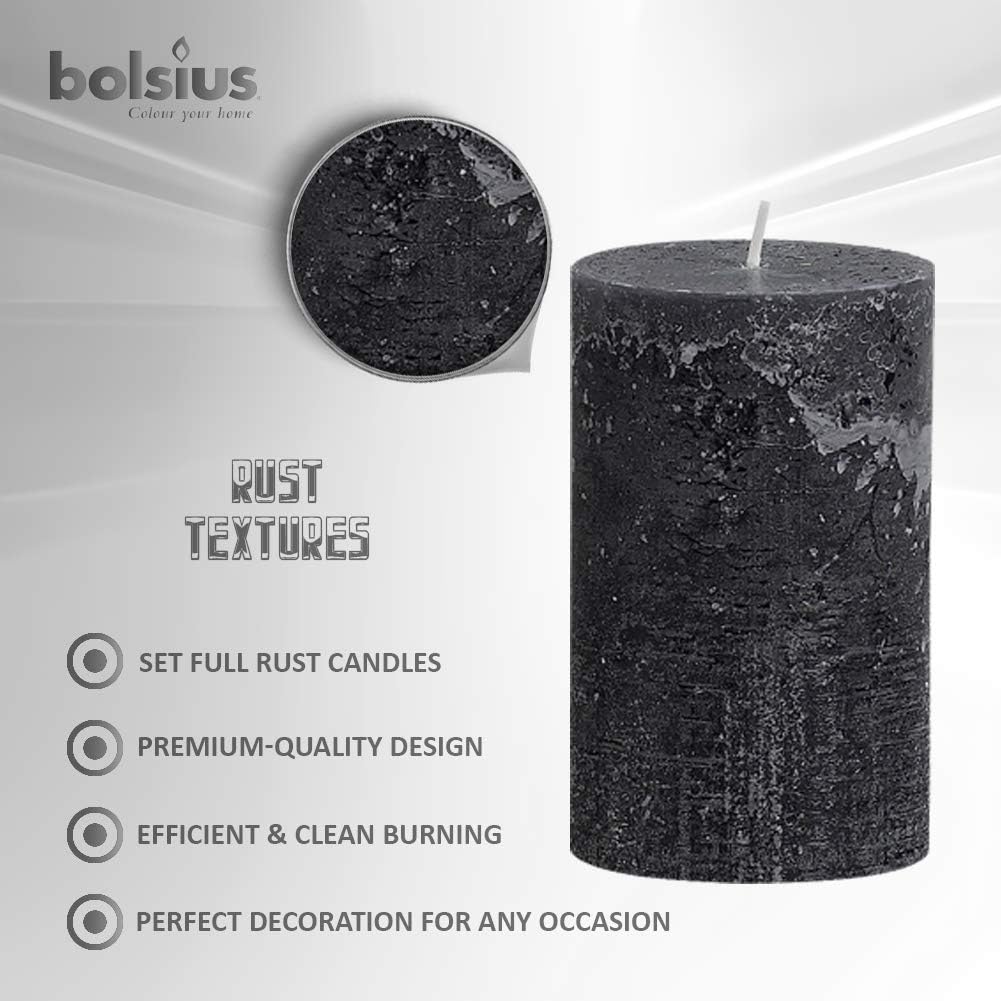 BOLSIUS Rustic Anthracite (Black) Unscented Pillar Candles - 2" X 4" Decoration Candles Set of 4 - Clean Burning Dripless Dinner Candles for Wedding & Home Decor Party Restaurant Spa- Aprox (100X50m)
