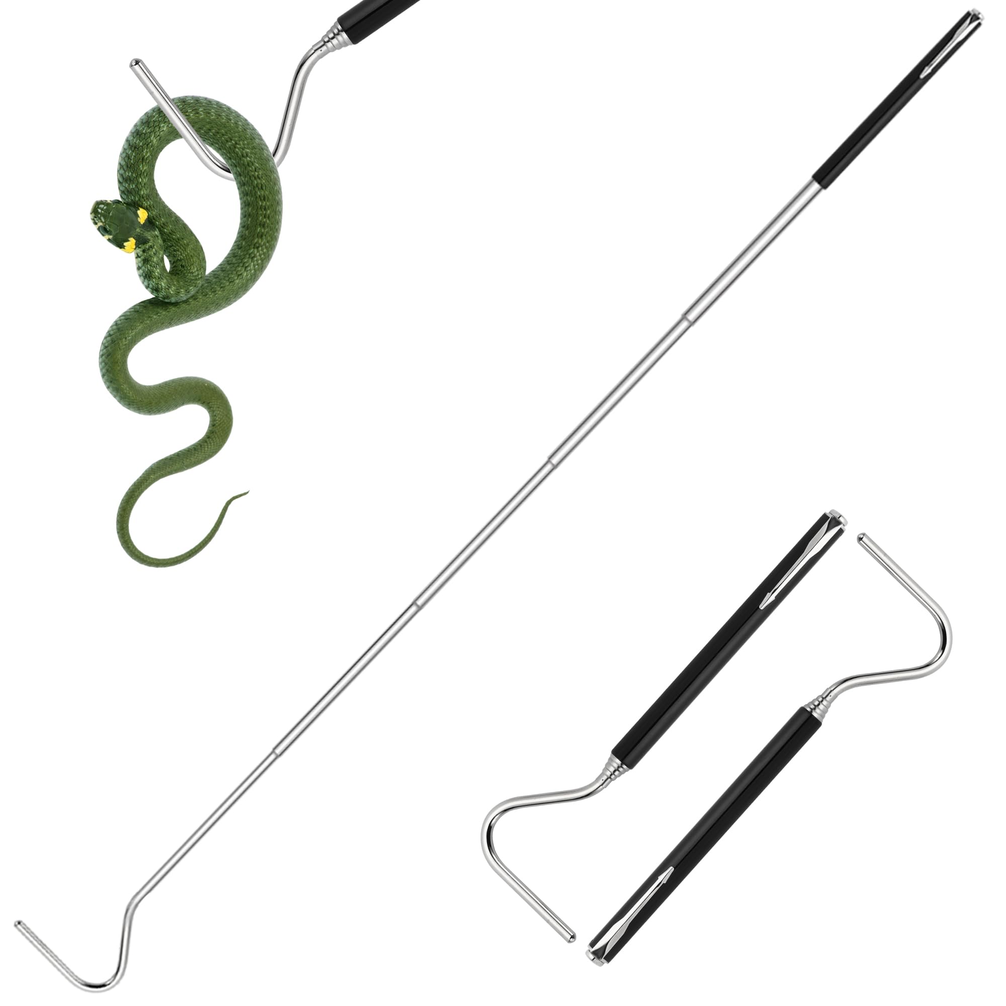 Mini Snake Hook, Stainless Steel Portable Retractable Reptile Hook, Grabber Kit Outdoor Rattlesnake Reptile Handling Tool (2 Pieces), black
