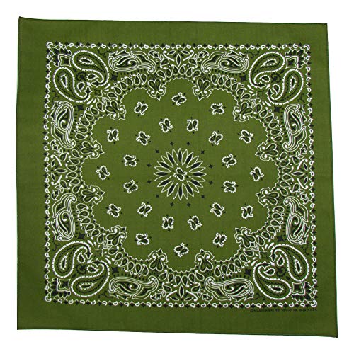 Traditional Paisley Double Sided Imprint Bandana USA Made, Olive