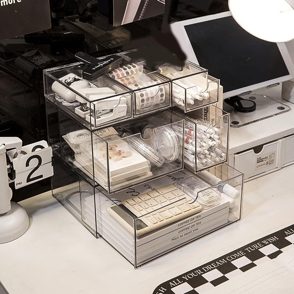 Transparente Acryl-Aufbewahrungsbox für den Schreibtisch, Organizer mit mehreren Schubladen, für Büro, Zuhause, Bastelbedarf, transparenter stapelbarer Behälter (H)