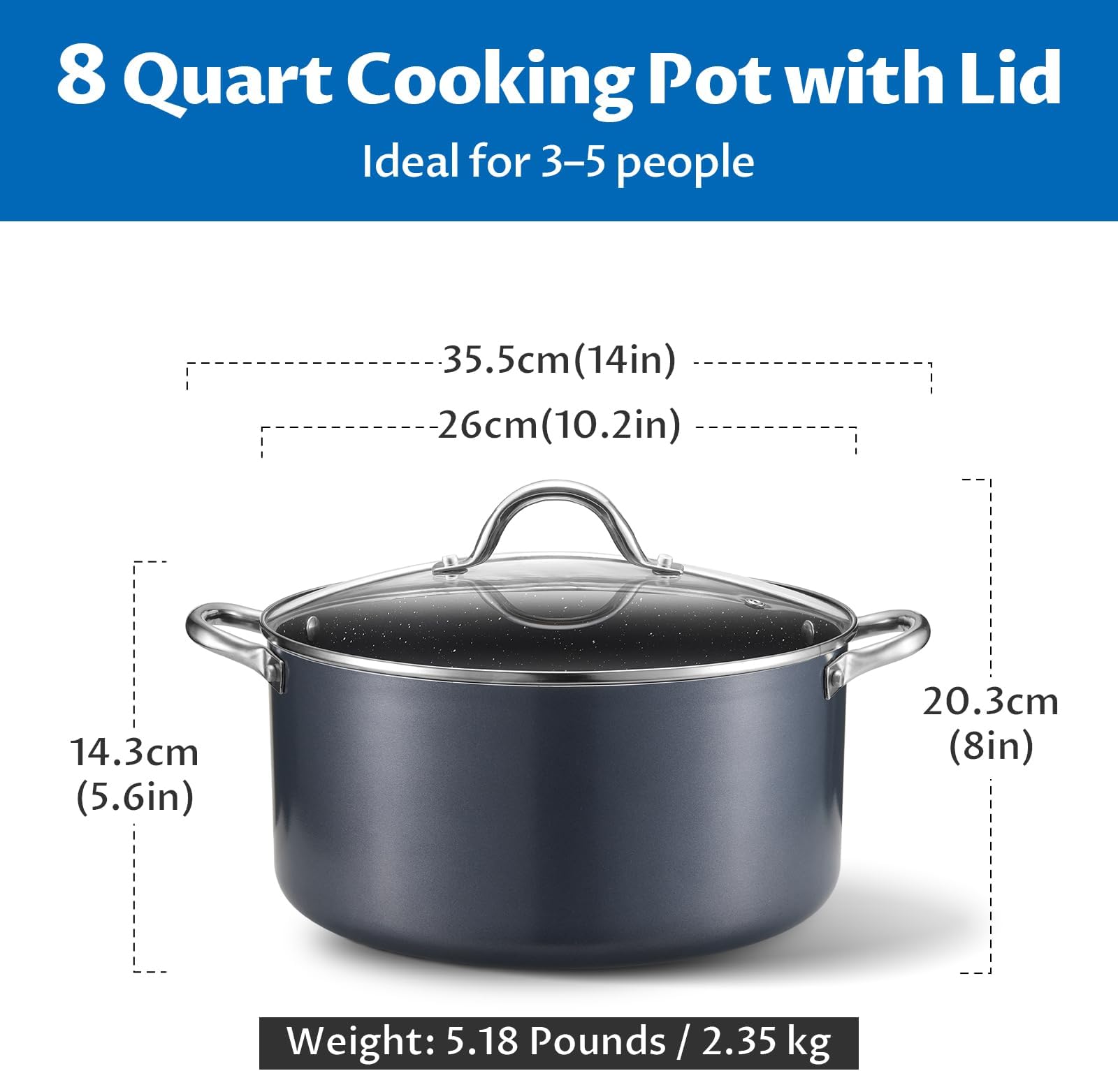BEZIA 8 Quart Cooking Pot, Large Non Stick Induction Stock Pots with Lid, All Stove Compatible, 8 QT Aluminum Soup/Stew Pot For Families of 3–5, Grey