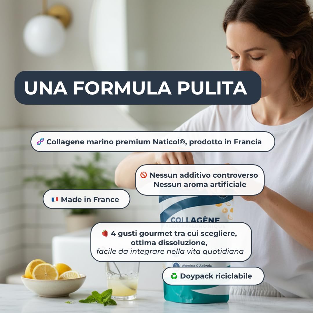 INOLAB collagene marino con acido ialuronico | Peptidi di Collagene idrolizzato 2000 Da | Collagene da bere in Polvere con Vitamina C Naturale | 45 Dosi 242g | Aroma naturale Limone