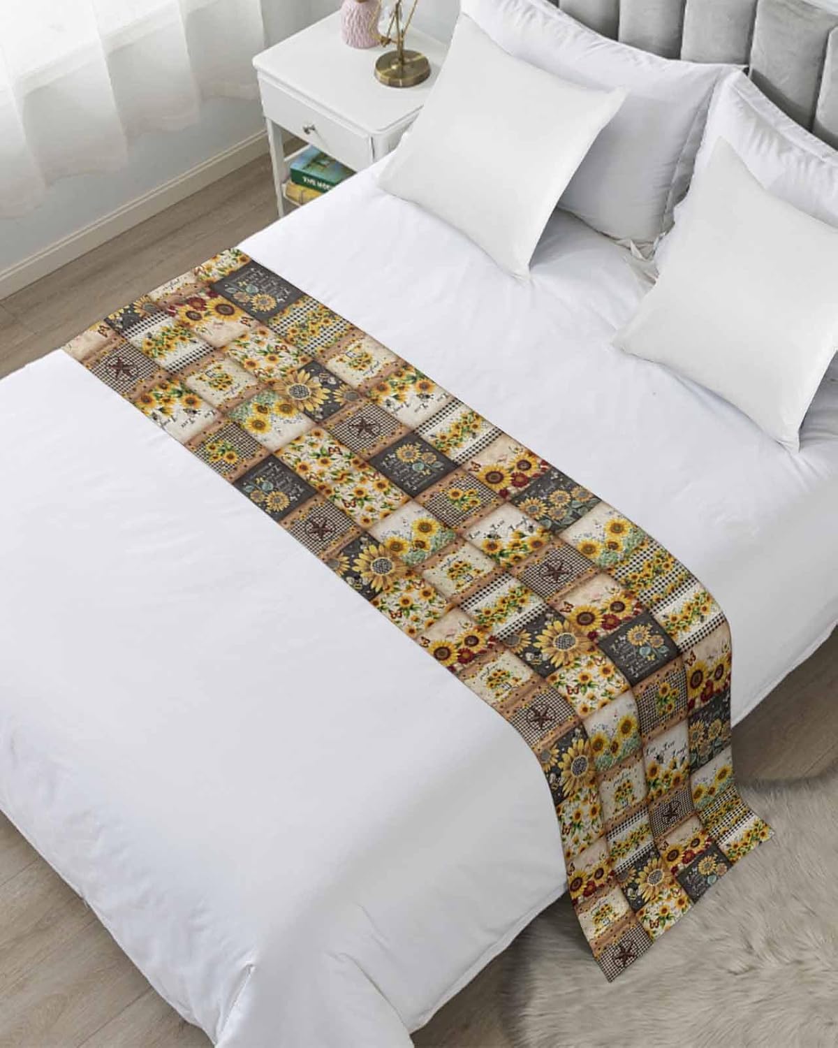 Sunflowers Bed Runner Scarf Cal King Size, Farmhouse Vintage Western Texas Star Plaid Luxury Bed Throw Runners & Scarves for Foot of Bed, Bedroom Hotel Wedding Room Decoration, 102″x20″