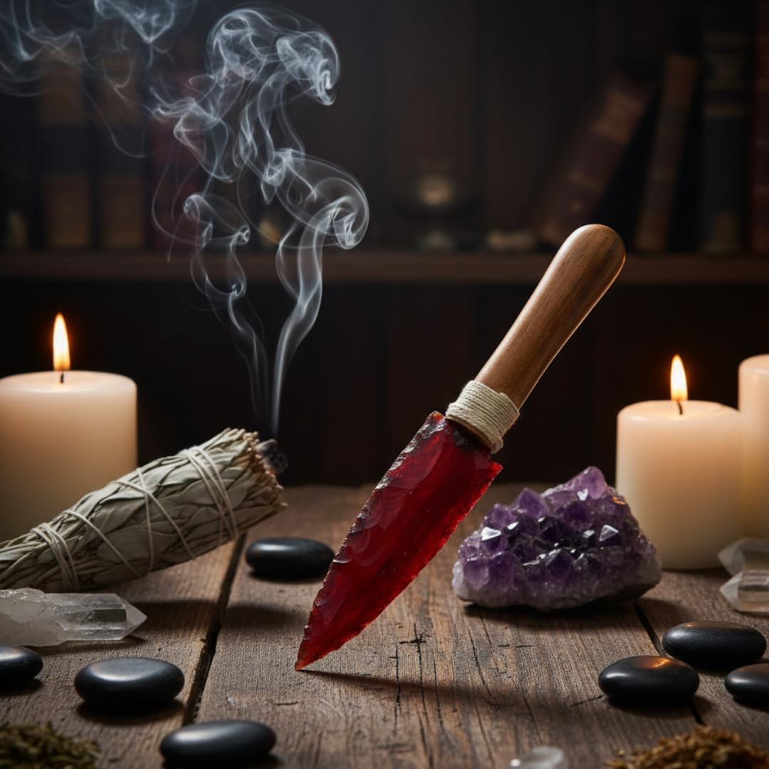 Crystals Dagger - 8" Hand-Knapped Athame for Rituals, Altar Decor & Spiritual Protection – Healing Crystal Knife for Meditation, Throat Chakra Balancing & Metaphysical Gifts – Authentic Wood Handle Red Obsidian Glass
