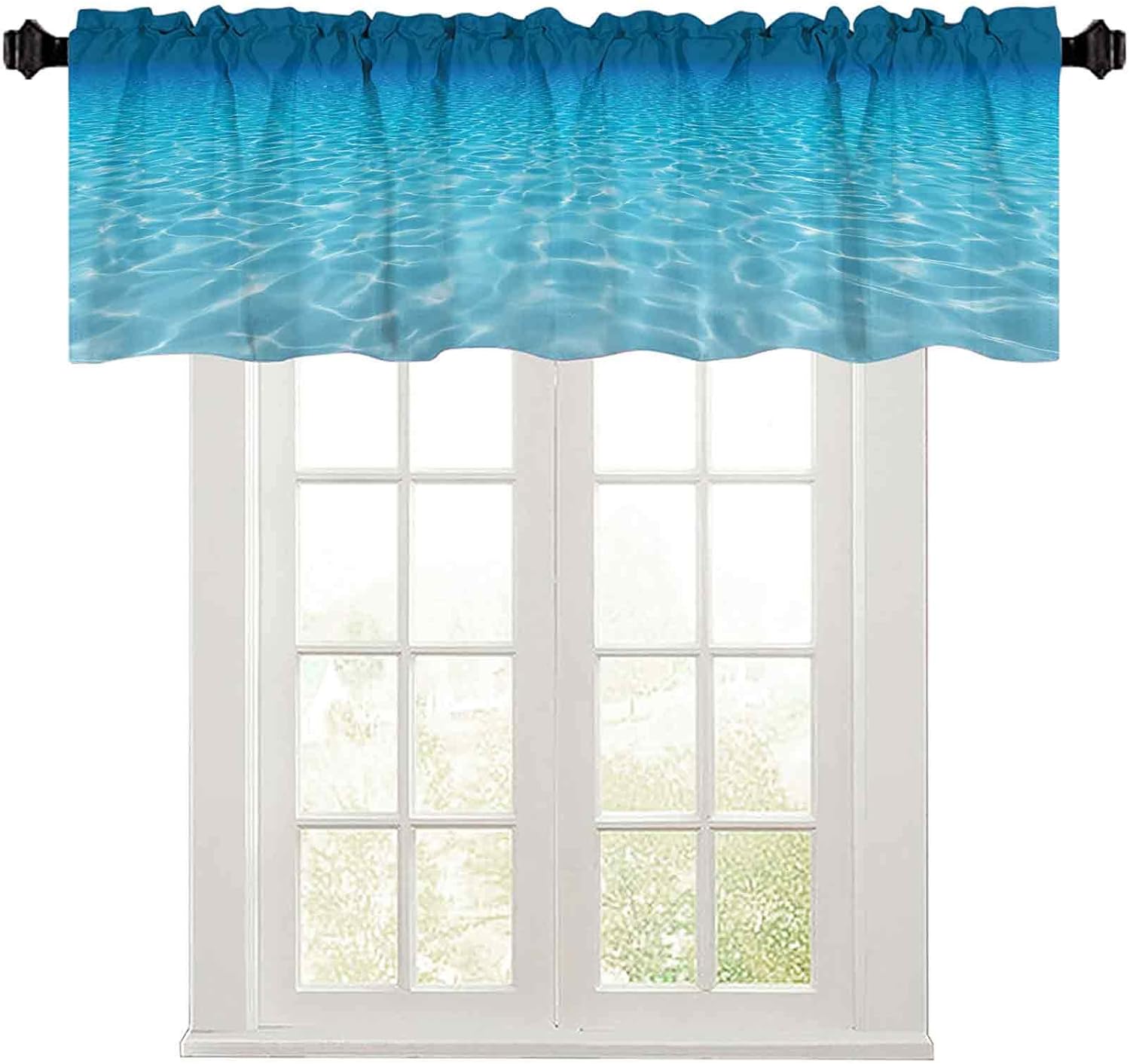 Rod Pocket Curtain Valance, 50"W x 18"L Tranquil Underwater Scene Clean Sandy Bottom Surface with Sunlight Coming from Up Picture Print L Pocket Window Curtains Valance for Kitchen Room Navy Aqua