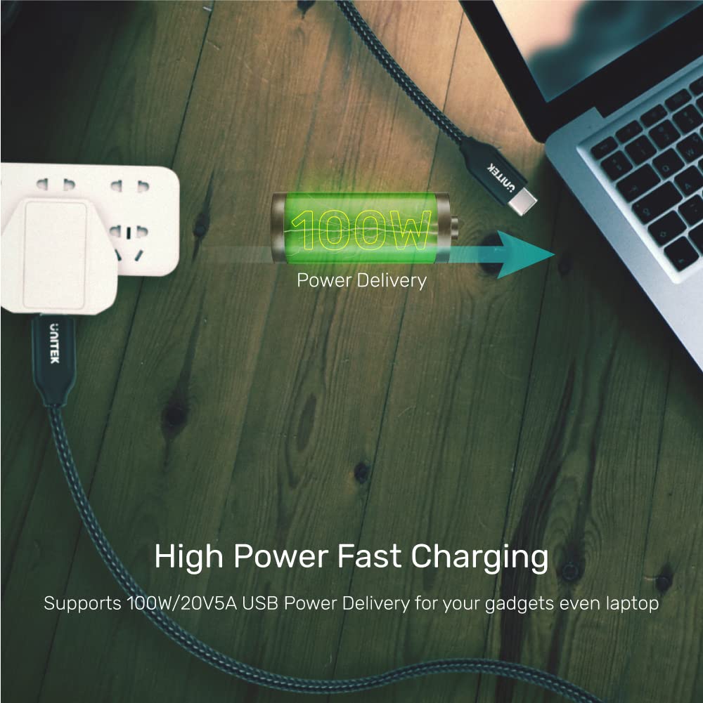 Unitek 2 metre USB C - USB C kablosu, güç dağıtımı, 100 Watt, 20 V/5 A, hızlı şarj kablosu, senkronizasyon kablosu, USB C tipi cihazlar için, naylon örgü, dayanıklı, siyah