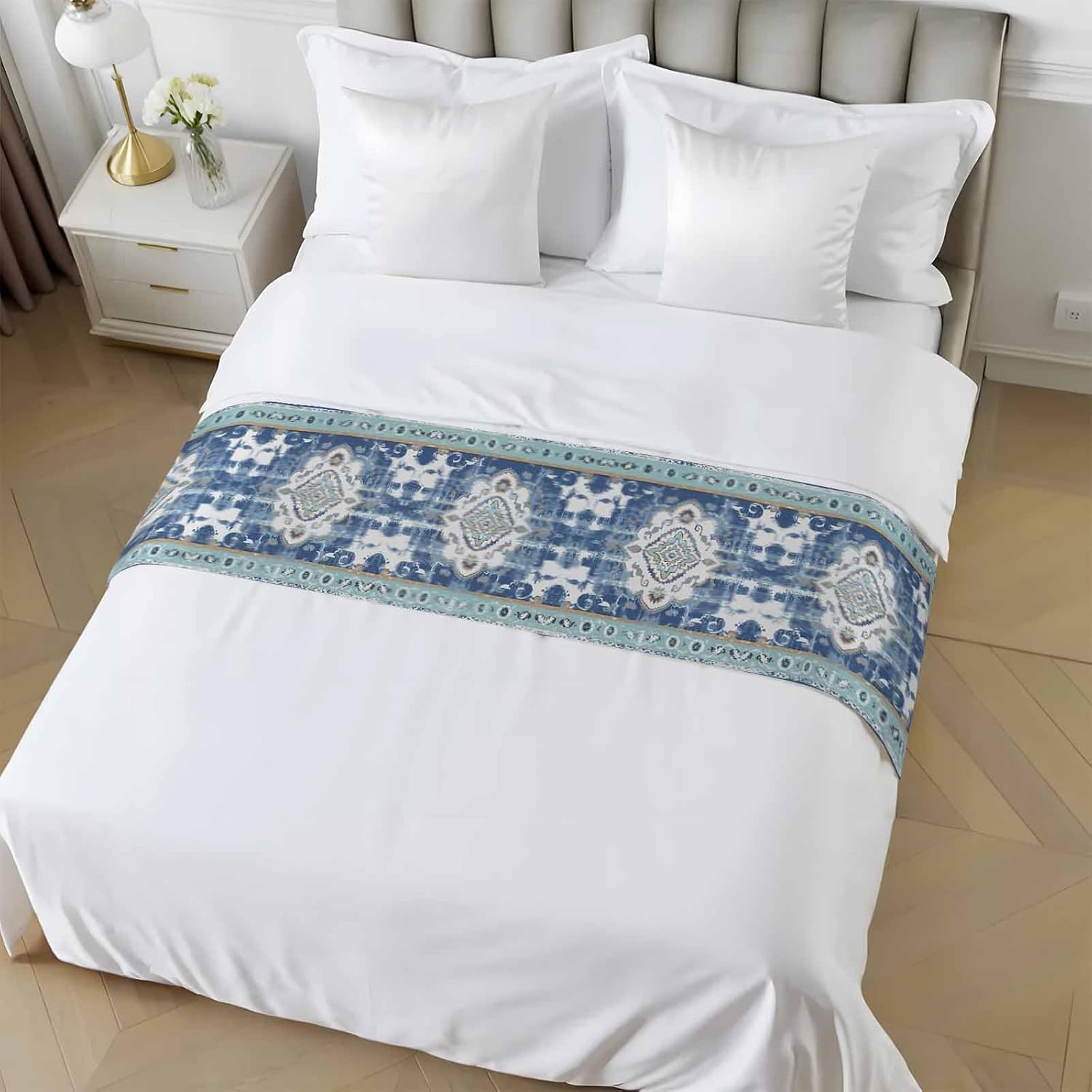 Blue Boho Bed Runner King Size, Farmhouse Bohemian Medallion Oriental Flower Bed Scarf Protector Slipcover for Bedroom Wedding Room Hotel, Bedding Runner Throws for Foot of Beds 94"x20"
