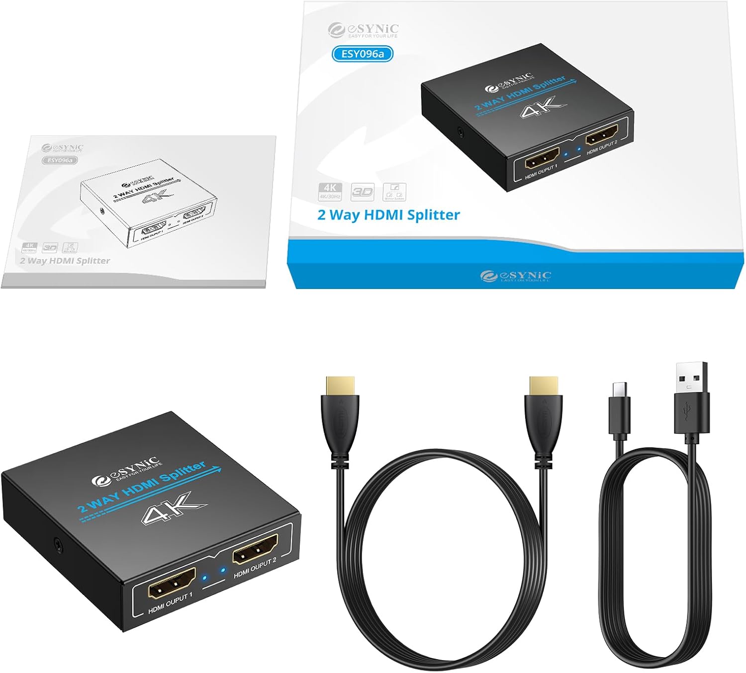 eSynic 4K@30Hz HDMI Splitter 1x2-1 in 2 Out HDMI Splitter for Dual Monitors-Plug & Play-Supports1080P 3D HDCP Bypass – for PS4/PS5, Projector, PC, TV, Office Conference -Only Mirror No Extend Mode