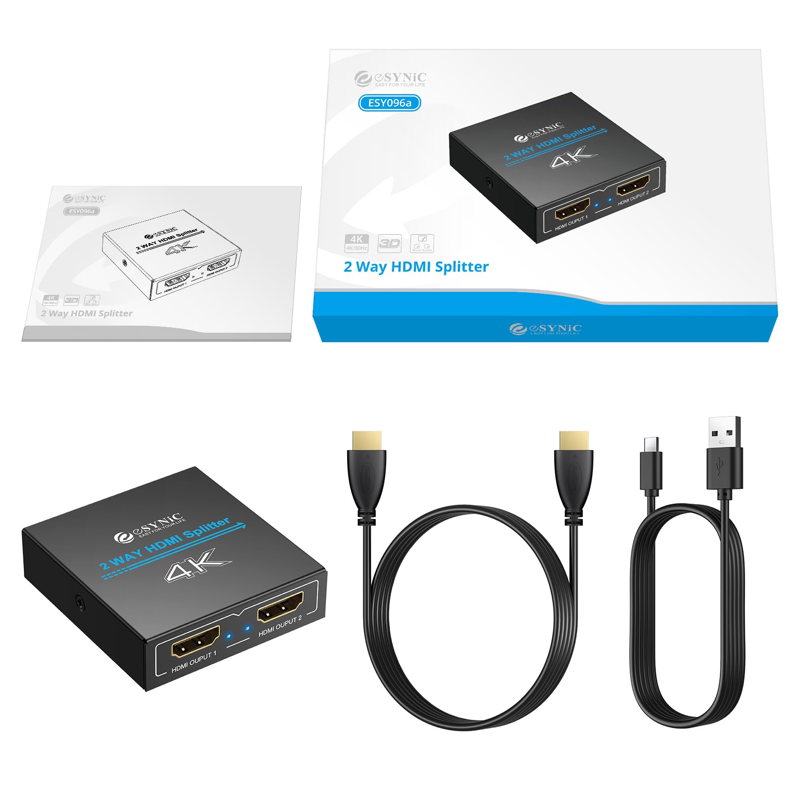ESYNiC HDMI Splitter 1 in 2 Out 4K/30Hz con Cavo HDMI 1m e USB-C, UHD 4Kx2K Amplificatore Distributore, Supporta 3D 1080P 2160P HDCP 1.4