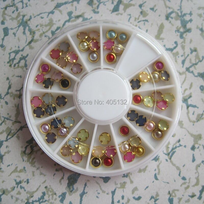 12wheels/lot OD-131 3D Gold Outside Colorful Pearl Decoration in Wheel Shiny Nail Decoration