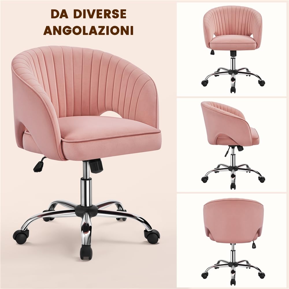 Yaheetech Poltroncina/Sedia da Ufficio Scrivania Ergonomica in Velluto Imbottita a Rotelle Girevole Reclinabile Altezza Regolabile Rosa