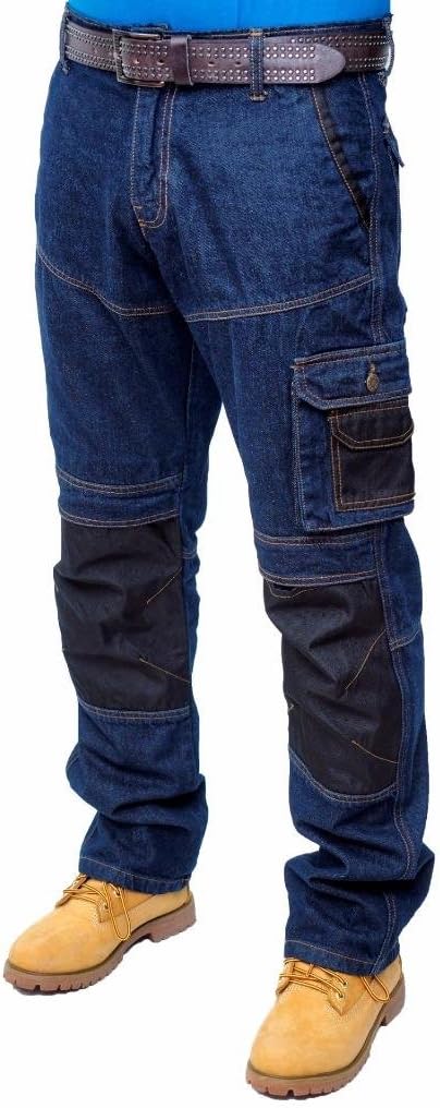 PrimeMens Blue Regular Cargo Combat Multi Pocket Army Working Trousers with Cordura Knee Protection and Zip Colosure, Long Length, Straight, Solid, Mid Rise, Flat Front, Machine Wash, 32 inches Waist