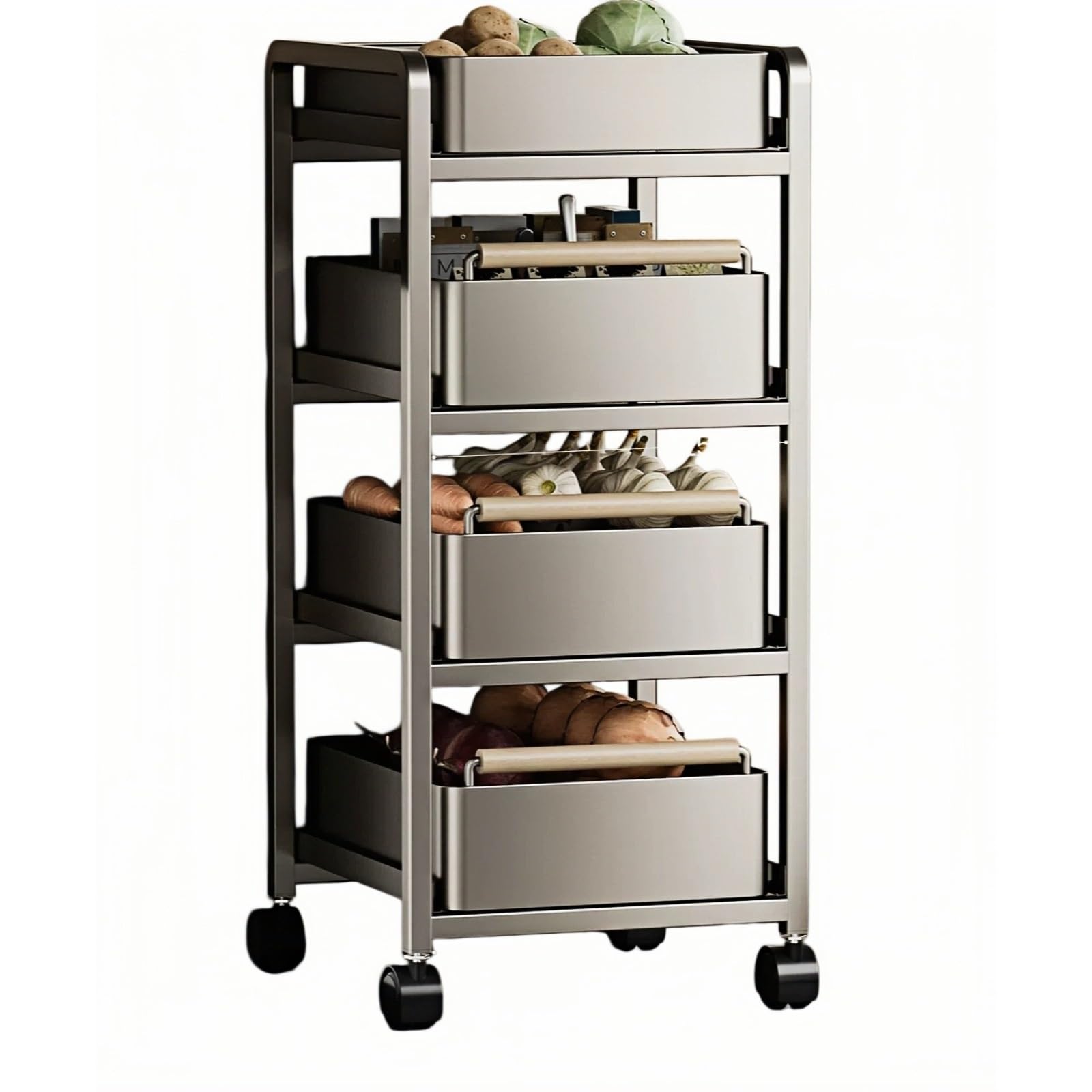Ljhfg63kuyt Black Multi-Purpose Movable Multi-Tier Kitchen Storage Cart Rolling Vegetable Basket Organizer Shelf(,Large)
