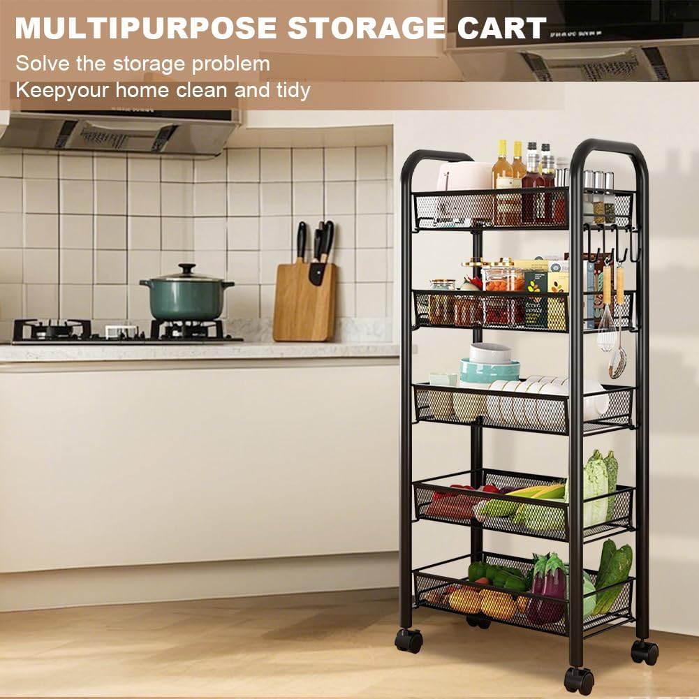 Carro de Almacenaje Rodante 5 Niveles para Despensa, Estructura de Acero con Cesta de Malla Apilables y Ganchos - Estantería Portátil con Ruedas para Cocina, Oficina,Negro